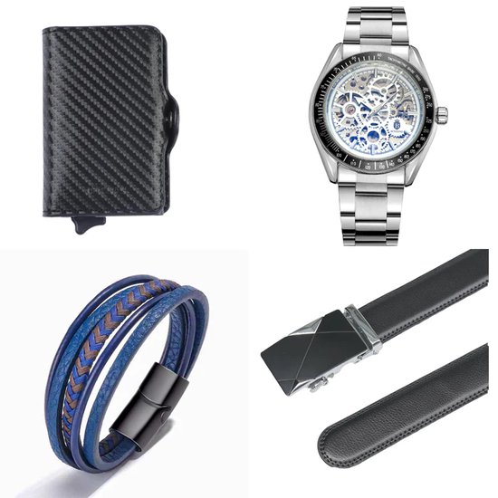 Luxe Accessoires Set van Benssens - Skeleton Horloge Florence, Zwarte Kaarthouder, Lederen Riem, Armband en Giftbox