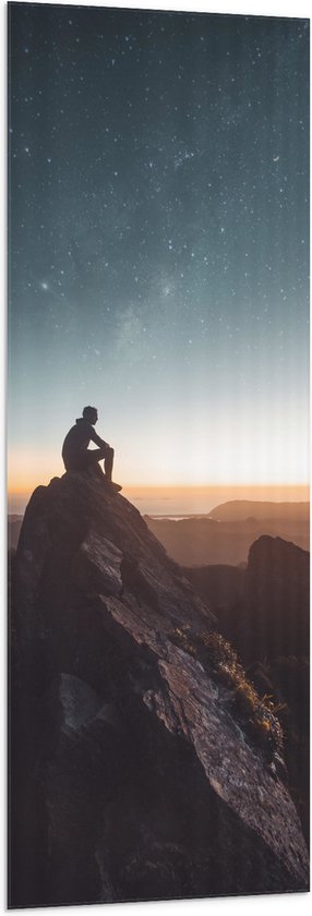 WallClassics - Drapeau - Homme au sommet d'une montagne au coucher du soleil - Photo 50x150 cm sur drapeau en polyester