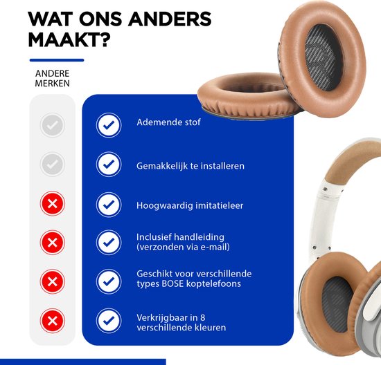 Vergelijking van verschillende merken koptelefoons met vinkjes en kruisjes, en een BOSE koptelefoon met bruine oorkussens.