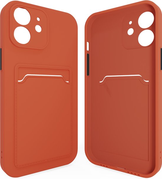 Oranje iPhone hoesje met kaarthouder, voor- en achterkant.
