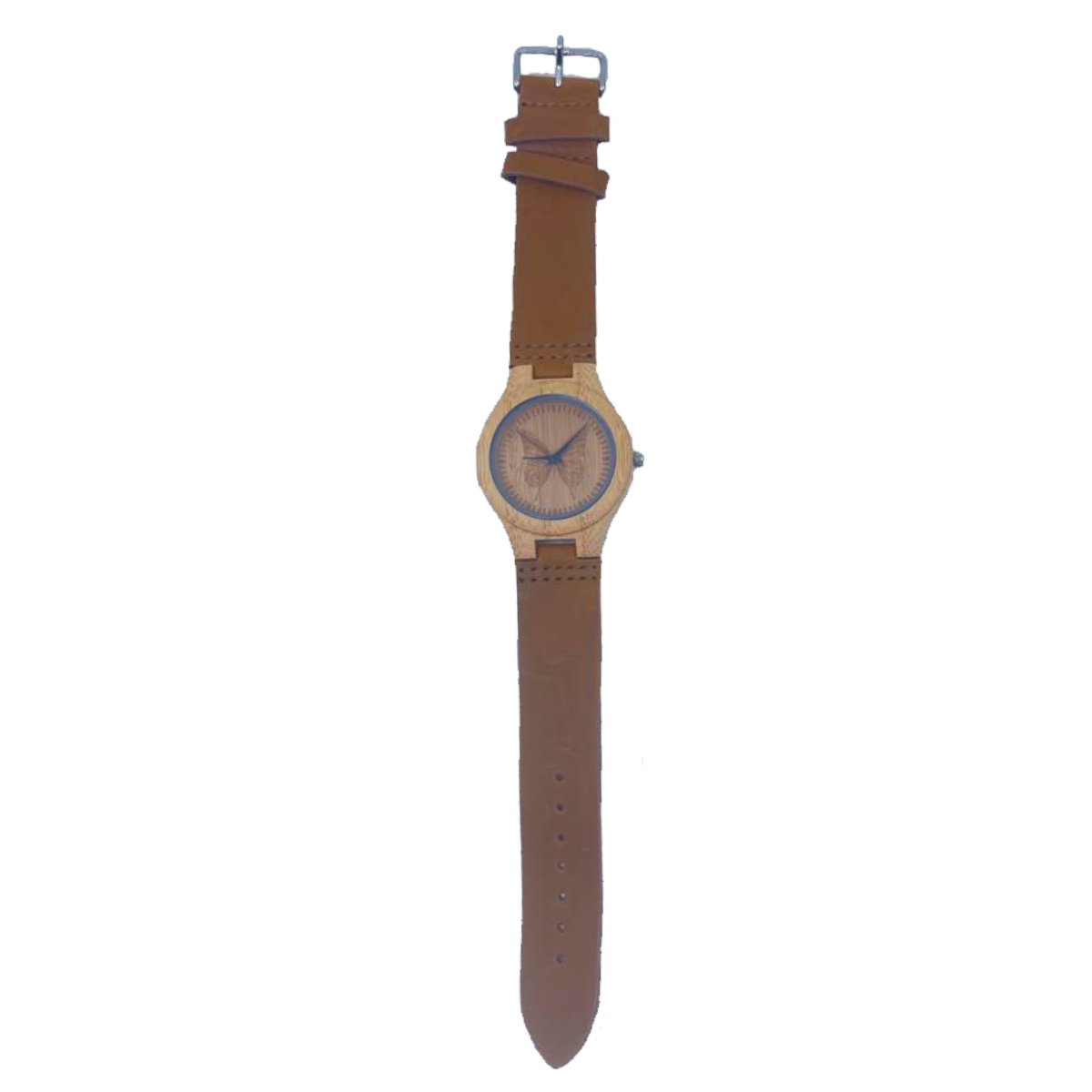 Houten Horloge Bamboe met leren band - Voor Heren - Met gesneden vlinderbeeld - Lichtbruin - 44mm