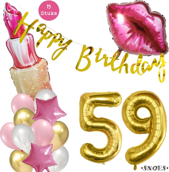 Snoes Beauty Helium Ballonnen Set 59 Jaar - Roze Folieballonnen - Slinger Happy Birthday Goud