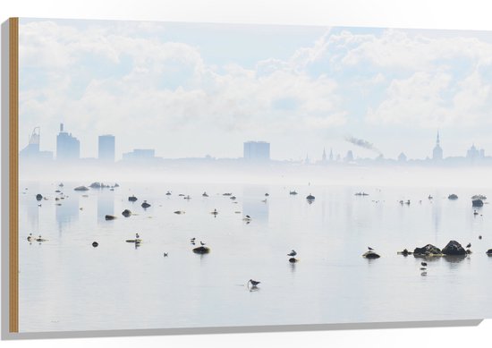 WallClassics - Hout - Mist bij Skyline achter Meer met Vogels - 105x70 cm - 9 mm dik - Foto op Hout (Met Ophangsysteem)