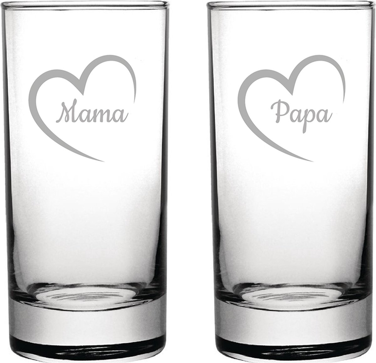 Gegraveerde longdrinkglas 28,5cl Mama met hartje & Papa met hartje