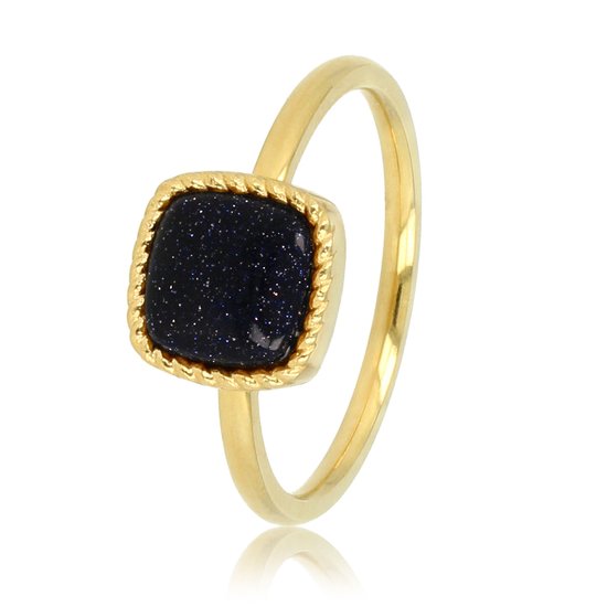 *My Bendel - Goudkleurige ring met vierkante Blue Sandstone edelsteen - Bijzondere zegelring met sprankelende Blue Sandstone edelsteen - Met luxe cadeauverpakking