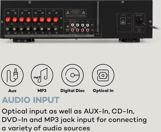 Auna AMP-CD950 DG Hifi versteker met bluetooth - 4 stereo output zones - Digitale multikanaals versterker - 8x 100W RMS - Aux, MP3, Digital disc en Opt. In - Inclusief afstandsbediening - Zwart - Auna