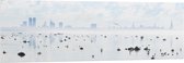 WallClassics - Acrylglas - Mist bij Skyline achter Meer met Vogels - 150x50 cm Foto op Acrylglas (Wanddecoratie op Acrylaat)