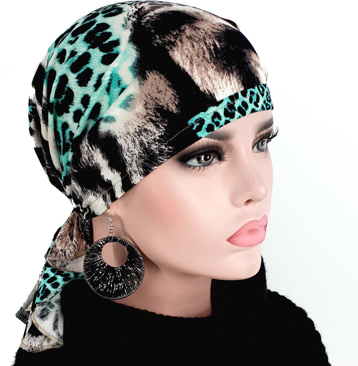 Bandana chemomuts hoofddoek voor haarverlies dierprint zwart turquoise