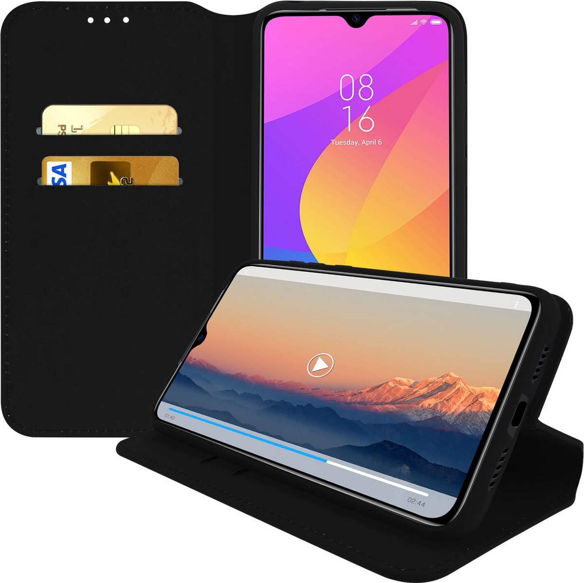 Hoes Geschikt voor Xiaomi Mi 9 Lite klep portefeuille, video standaard zwart