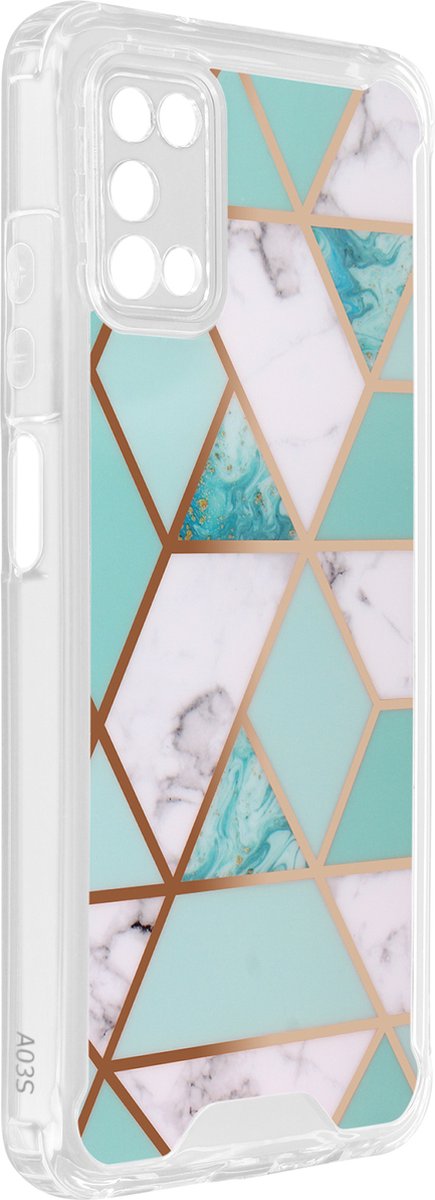 Geschikt voor Samsung Galaxy A03s Hybrid Marble Case met versterkte hoeken turquoise