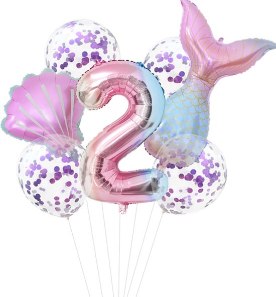 Mermaid Ballonnen - 7 Stuks - De kleine zeemeermin / The Little Mermaid - 2 Jaar - Verjaardag Versiering / Feestpakket - Ballonnen Set - Kinderfeestje Zeemeermin Thema - Roze ballon - Blauwe ballon- Paarse ballon - Happy Birthday