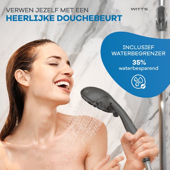 WITTS Douchekop - Waterbesparend - Hoge Kwaliteit - Handdouche ø 12cm - 6 Standen - Zwart - Witts