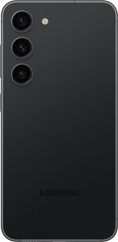 Zwarte Samsung Galaxy S23 met drie camera's op de achterkant en het Samsung logo.
