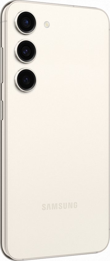 Crème Samsung Galaxy S23 met drie camera's op de achterkant.