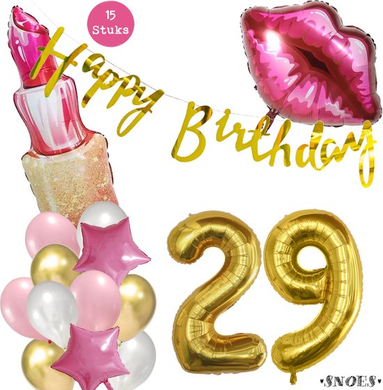 Snoes Beauty Helium Ballonnen Set 29 Jaar - Roze Folieballonnen - Slinger Happy Birthday Goud