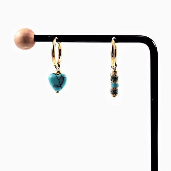 Boucles d'oreilles ∅16mm avec Pierres Turquoise - Acier Plaqué Or - Boucles d'oreilles Femme avec Pendentifs Coeur et Tube