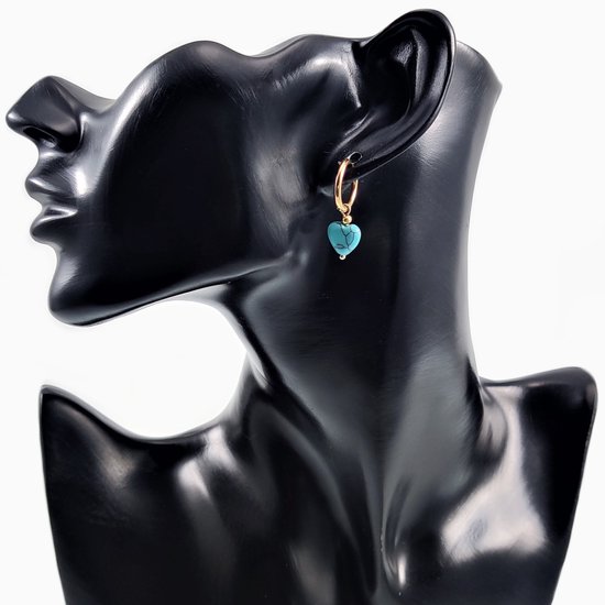 Boucles d'oreilles ∅16mm avec Pierres Turquoise - Acier Plaqué Or - Boucles d'oreilles Femme avec Pendentifs Coeur et Tube