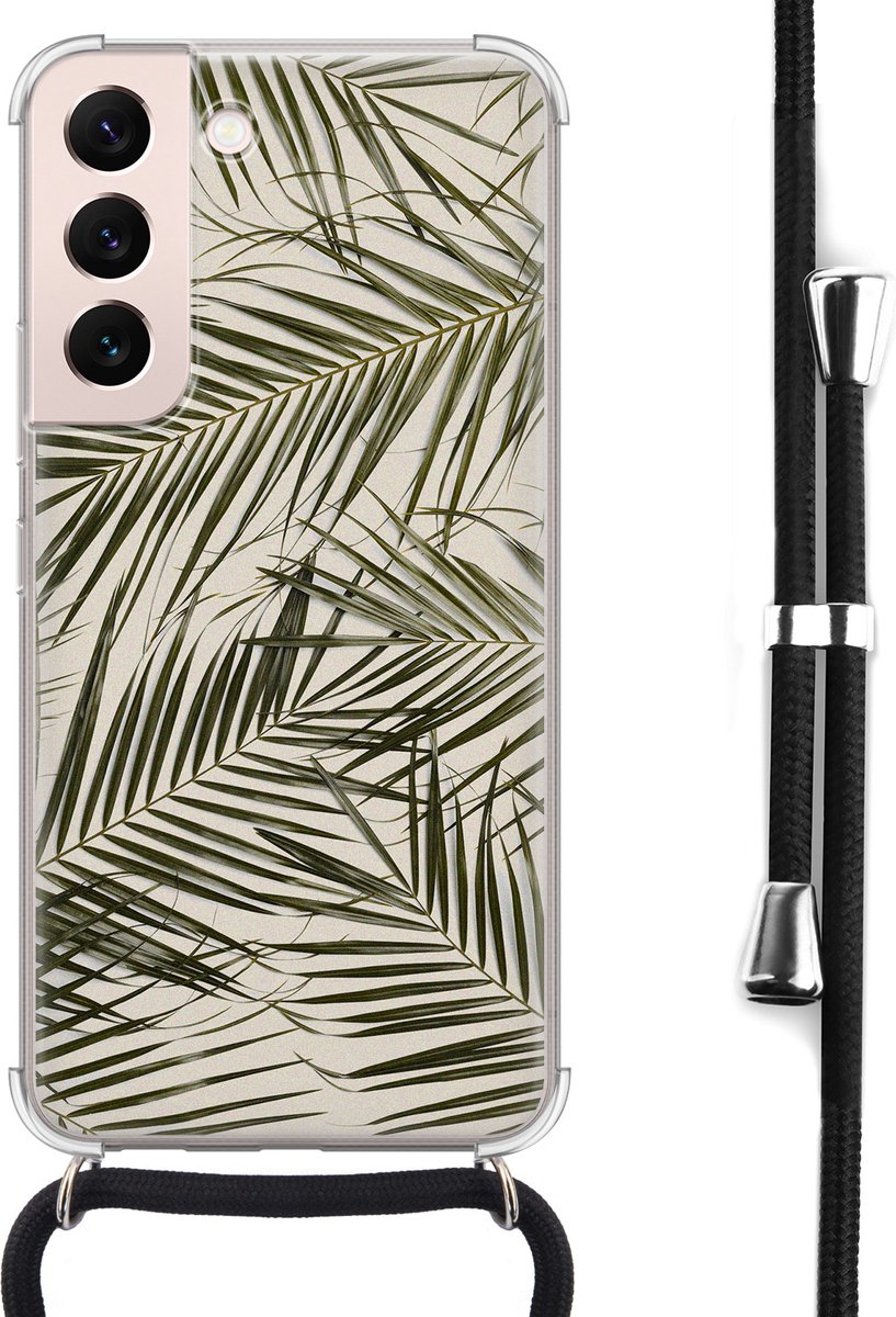 Hoesje met koord - Geschikt voor Samsung Galaxy S22 - Palmbladeren - Verstelbaar zwart koord - Crossbody - Planten - Transparant, Groen - Leuke Telefoonhoesjes