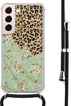 Coque Samsung Galaxy S22 avec cordon - Imprimé fleur léopard - Coque en Siliconen - Antichoc - Cordon Zwart - Bandoulière - Coque arrière - Transparent, Multi