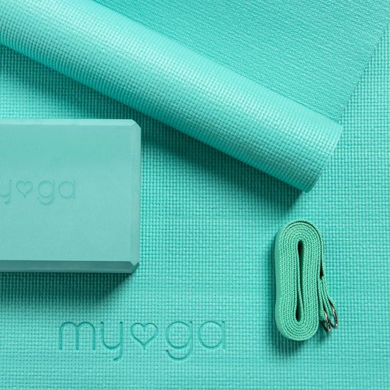 Myga - Yoga set - Yoga starter kits - Turquoise - 1 yogamat ( 173 cm x 61 cm ) - 1 yogablok (14,5 x 7,7 x 23 cm ) - 1 yoga strap/riem van Myga — afbeelding 3