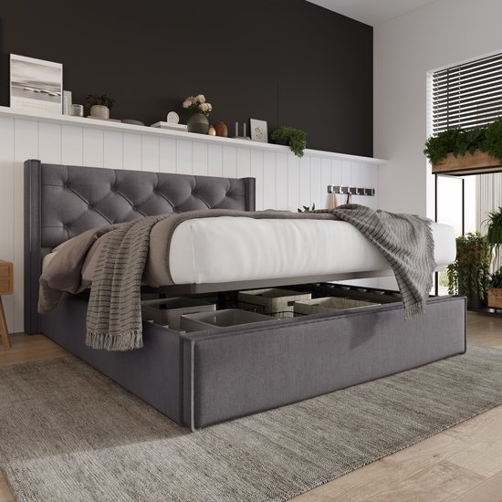 Hydraulisch tweepersoons gestoffeerd bed 140x200cm-Bed met metalen lattenbodem-Modern bedframe met opbergruimte-Katoen-Grijs