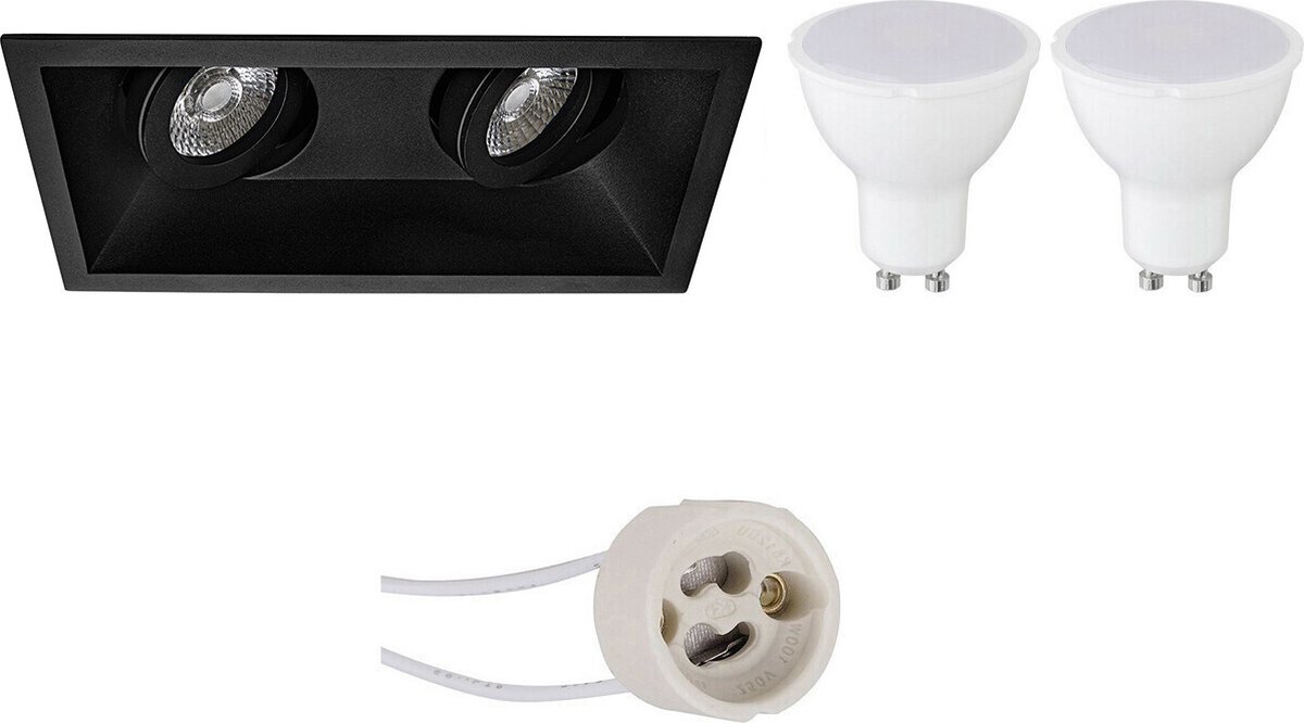 GU10 Inbouwspot Set - Mat Zwart - Inbouw Rechthoek Dubbel - Kantelbaar - Proma Zano Pro - 4W - Warm Wit 3000K - 185x93mm