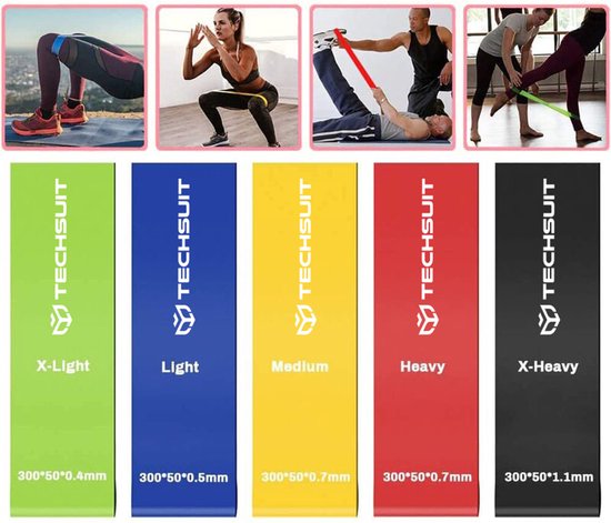 Techsuit - (5 pack) Exercice Elastic Resistance Bands (TS-01) - for Home Training, Yoga, Fitness, Pilates - Multicolor