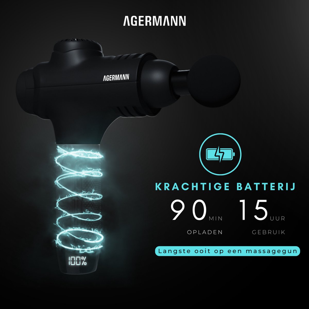 AGERMANN Massage Gun Pro 12 opzetstukken Touchscreen Zwart - afbeelding 2