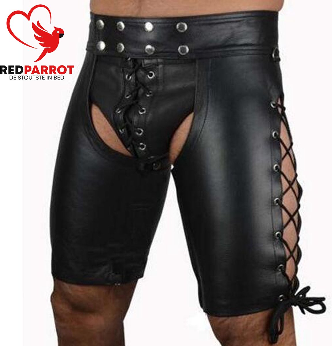 Goedkoopste Erotische Korte Broek van Leer | Lederen BDSM Broek | Leather bondage kleding | Open billen | Erotische broek | Sexy lederen look | Kunstleer | SM Kleding | Heren | Mannen | S tot en met XL
