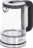 Glazen waterkoker met zwart handvat en RVS voet, leeg.