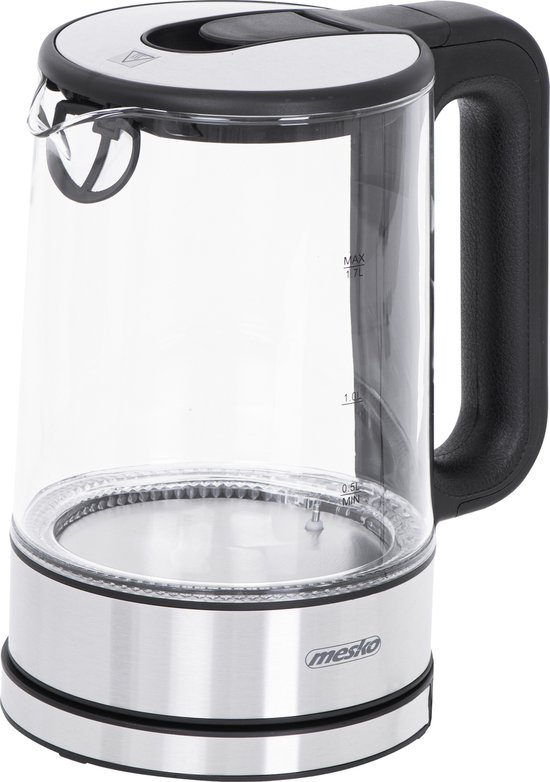 Glazen waterkoker met zwart handvat en RVS voet, leeg.