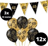 Verjaardag Versiering Pakket 65 jaar Zwart en Goud - Ballonnen Goud & Zwart (12 stuks) - Vlaggenlijn Goud Zwart 10 meter (3 stuks) - Vlaggenlijn gekleurd 65 jarige - Vlaggetjes Slinger Verjaardag 65 Birthday - Birthday Party Decoratie (65 Jaar)