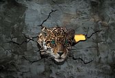 Fotobehang - Vlies Behang - 3D Luipaard uit Betonnen Muur - Panter - Jaguar - 254 x 184 cm
