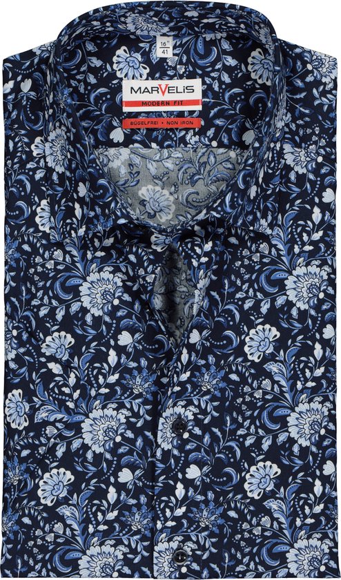 MARVELIS modern fit overhemd - korte mouw - popeline - blauw bloemen dessin - Strijkvrij - Boordmaat: 42