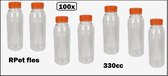 100x Flesje RPET helder 330cc met oranje dop - 38mm x 165mm - vernieuwd - gerecycled PET drinken jus sinas cola festival sappen dranken