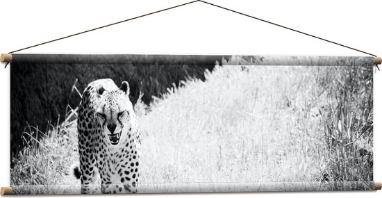 WallClassics - Textielposter - Schreeuwende Panter in Droog Landschap - 120x40 cm Foto op Textiel