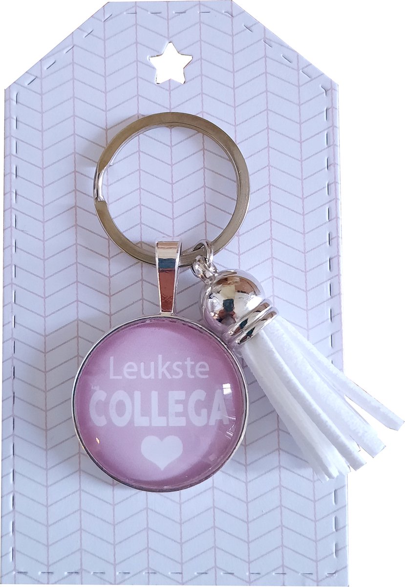 Sleutelhanger met teksthanger Leukste Collega roze / wit