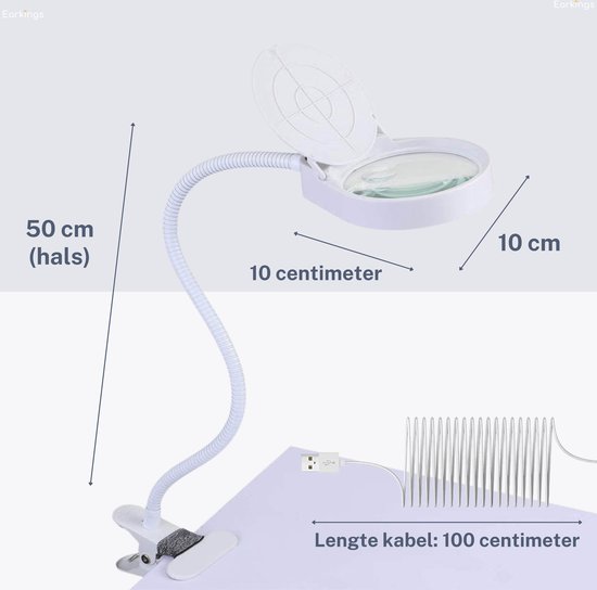 Witte loeplamp met flexibele hals, klem en USB-aansluiting