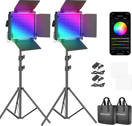 Foto: Neewer 530pro rgb led videolamp met app bediening en standaardset 360 graden full colour 45w videoverlichtingsset cri 98 voor gaming streaming zoom youtube webex radio webconferentie fotografie