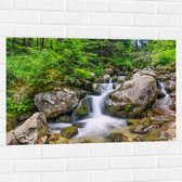 Muursticker - Mooie Waterval tussen Rotsen in het Bos - 90x60 cm Foto op Muursticker