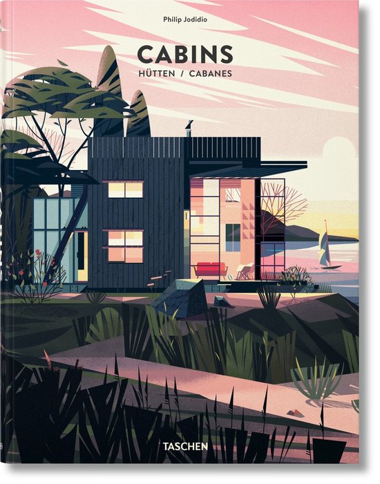 Livre intitulé 'Cabins', avec une illustration d'une maison moderne au bord de l'eau au coucher du soleil.