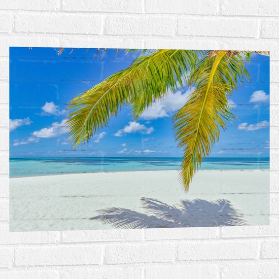 Muursticker - Palmbladeren Hangend voor Tropisch Eiland met Breed Strand - 80x60 cm Foto op Muursticker