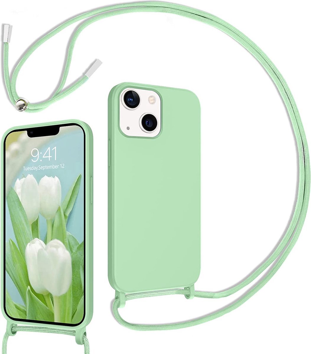 Iphone 14 plus Siliconen telefoonhoesje met koord - groen