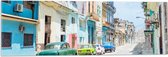 Acrylglas - Gekleurde Geparkeerde Auto's in Kleurrijke Straat - Cuba - 90x30 cm Foto op Acrylglas (Wanddecoratie op Acrylaat)