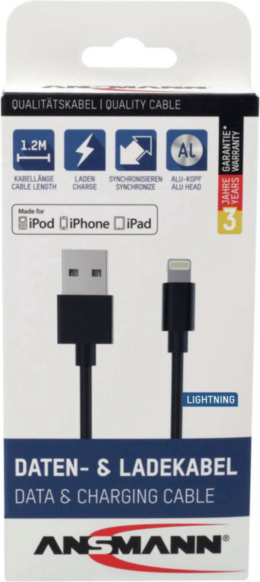 Image of Ansmann USB-kabel USB-A stekker, Apple Lightning stekker 1.20 m Zwart Aluminium-stekker, TPE-mantel, Stekker past op be