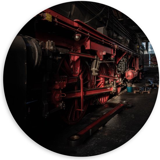 WallClassics - PVC Schuimplaat Muurcirkel - Locomotief zwart met rood - 100x100 cm Foto op Muurcirkel (met ophangsysteem)