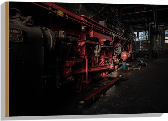 WallClassics - Hout - Locomotief zwart met rood - 75x50 cm - 9 mm dik - Foto op Hout (Met Ophangsysteem)