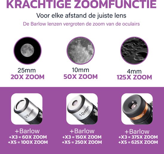 EarthVision Telescoop Deluxe - Professionele Sterrenkijker - 625x Vergroting - Astronomie - Nachtkijker - Sterrenkunde - Waterproof - Wit - EarthVision