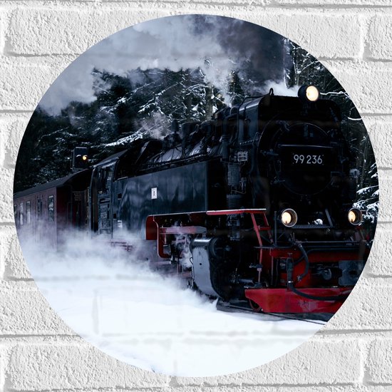WallClassics - Muursticker Cirkel - Rijdende Stoomtrein in de Sneeuw - 50x50 cm Foto op Muursticker