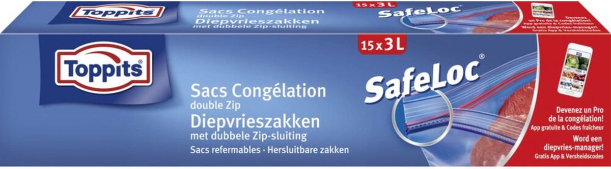Toppits Safeloc Zip-Diepvrieszakken 3 liter - 12 x 15 stuks - Voordeelverpakking